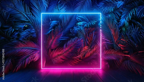 night theme tropical leaves with rectangle neon frame with copy space, plant, plants