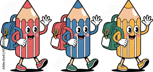 Cartoon pencils with backpacks walking and waving on a white background in a row illustration