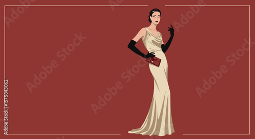 Elegant woman in glamorous gown with gloves against a red background   for fashion industry and stylish branding