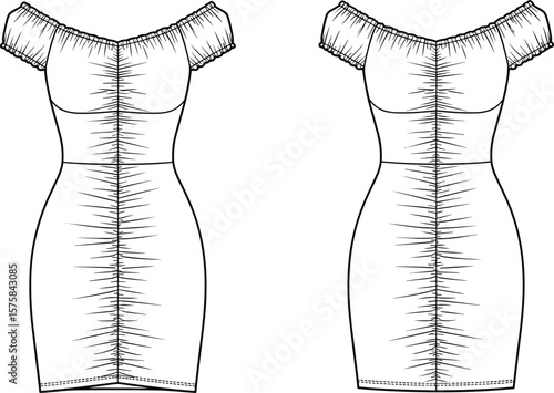 Off shoulder bodycon dress technical flat sketch, fashion CAD template, stylish ruched mini dress design, apparel illustration front and back view