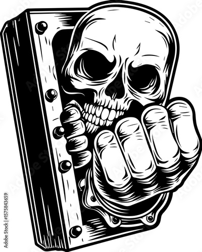 SVG of an aggressive skull and skeleton design, perfect for bold tattoos. Skull Emerging from Block with Clenched Fist in Bold Design