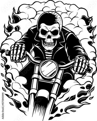 SVG of an aggressive skull and skeleton design, perfect for bold tattoos. Skull Rider on Motorcycle with Flames and Smoke in Black and White