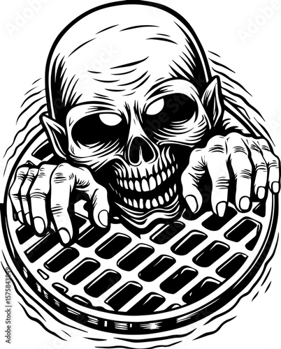 SVG of an aggressive skull and skeleton design, perfect for bold tattoos. Skull Emerging from Sewer Grate in Dark Artistic Illustration