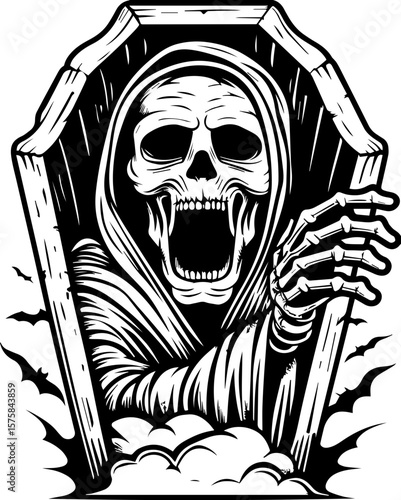 SVG of an aggressive skull and skeleton design, perfect for bold tattoos. Scary Skeleton Emerging from Coffin with Dramatic Clouds and Shadows