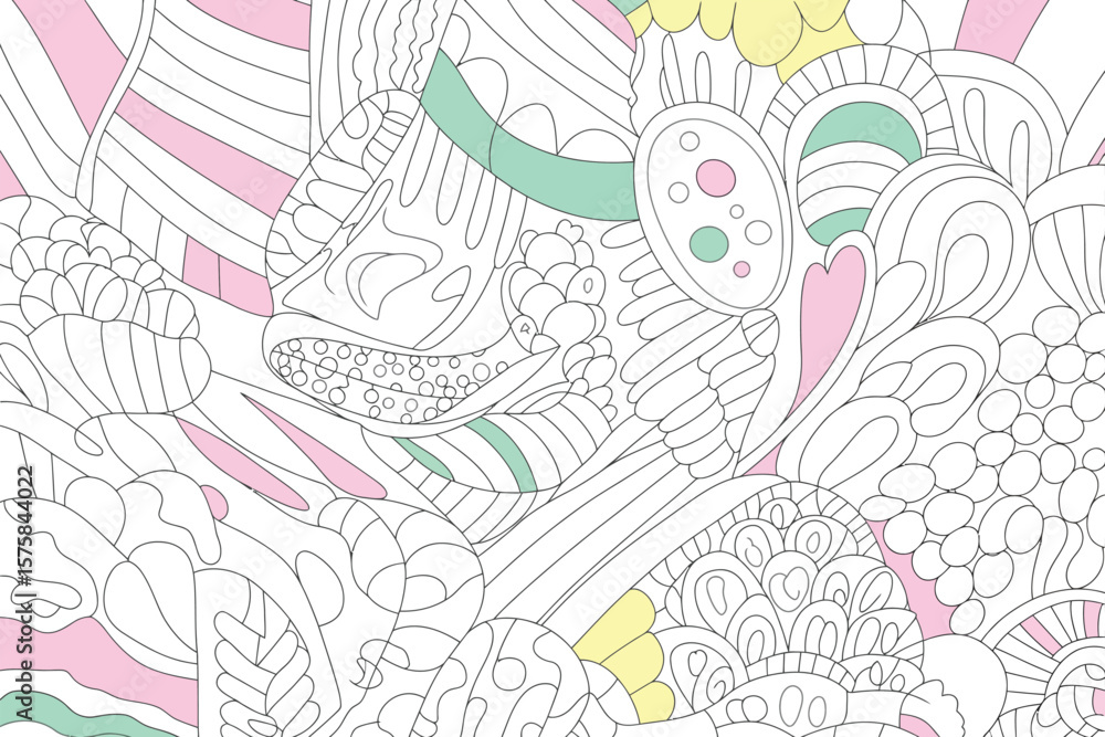 Fototapeta premium Doodles of whimsical fantasy elements create a light and colorful playful pattern with pastel shades on a white canvas.