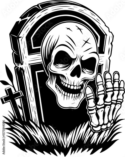 SVG of an aggressive skull and skeleton design, perfect for bold tattoos. Creepy Skull and Grave Tombstone Design for Halloween Season