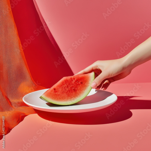 A hand reaches for a bright watermelon slice on a white plate, a bold pink background with flowing orange fabric. It's an eye-catching display of color and summer freshness. Watermelon day.