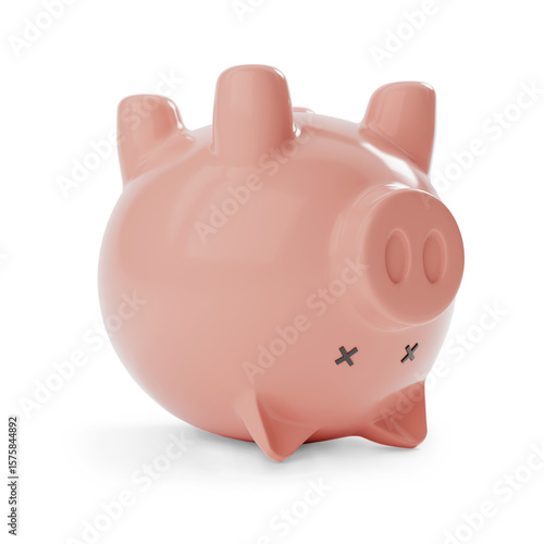 Upside down dead piggy bank isolated on white background. Bankruptcy concept. 3d illustration.