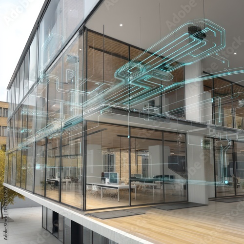 Modern office building exterior with visible hvac system design and glass facade on a bright day