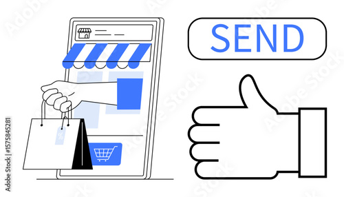Hand holding shopping bags through smartphone screen, send button, and approval thumb gesture. Ideal for e-commerce, delivery, mobile shopping, online approval, digital transaction, payment systems