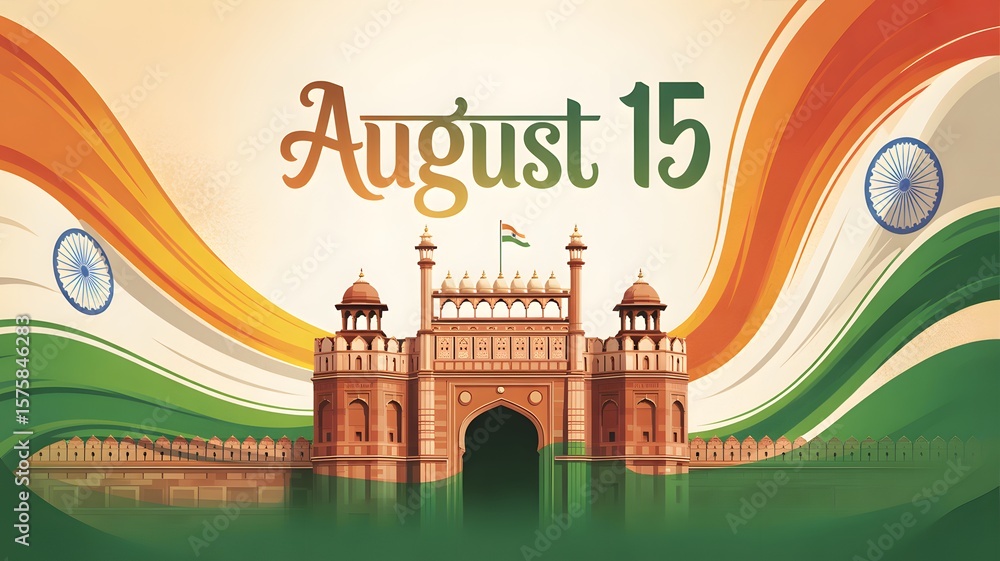 Fototapeta premium a vibrant Red Fort scene with the Indian flag waving atop. Add flowing saffron, white, and green ribbons around the monument to represent the tricolor. At the top, display bold text saying ‘August 15’