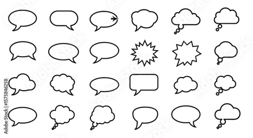 Diverse speech bubbles and thought clouds, various shapes and styles. Communication design, dialogue, chat, message, outline
