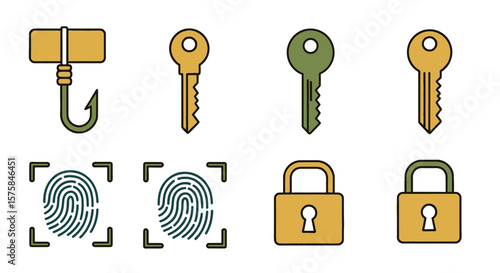 Security icons illustrate various safety measures. Key, lock, and fingerprint icons represent security and access control.