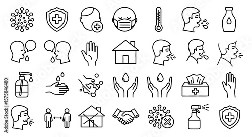 Coronavirus prevention measures and safety precautions displayed as icons. Health, hygiene, sanitation, safety, prevention, sickness