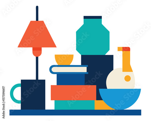 Modern Home Decor Stylish Tabletop Still Life with Books, Lamp, and Vases Ai Generated