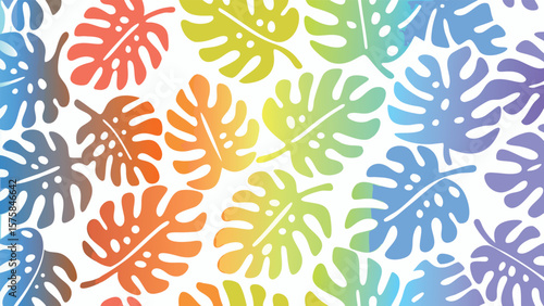 A colorful monstera leaf pattern with a gradient effect on a white background is displayed here nicely