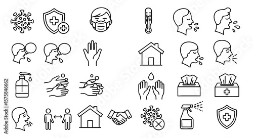 Illustrations demonstrate various preventative measures against viruses. Health, hygiene, safety and awareness icons.