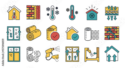 Icons display energy efficiency and home insulation. Pictograms show heat loss, weatherization, building efficiency, energy conservation, home improvement, saving energy