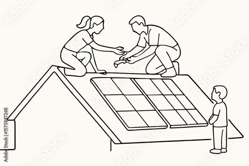 Family installing solar panels on a rooftop, illustrated in minimalist line art. Great for renewable energy, eco-friendly living, sustainable design, and green technology visuals.