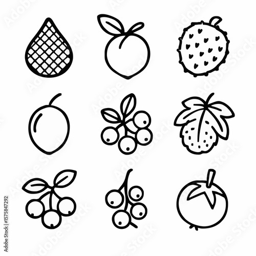 Set of minimalist line art icons featuring fruits like custard apple, peach, and berries. Perfect for healthy eating, tropical food designs, fruit illustrations, and minimalist vector graphics.