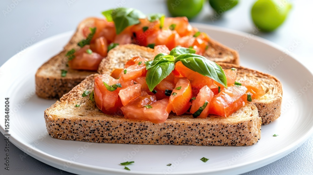 Delicious Plate of Toasted Bread Topped with Juicy Tomatoes and Fresh Basil Delicious Plate of Toasted Bread Topped with Juicy Tomatoes and Fresh Basil