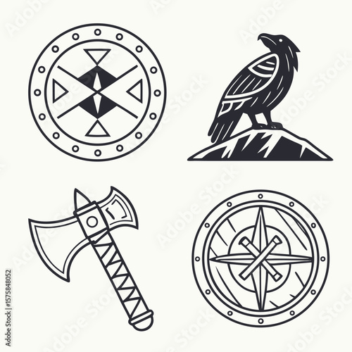 Vector set of vintage celtic sword and shield icons with star and compass symbols