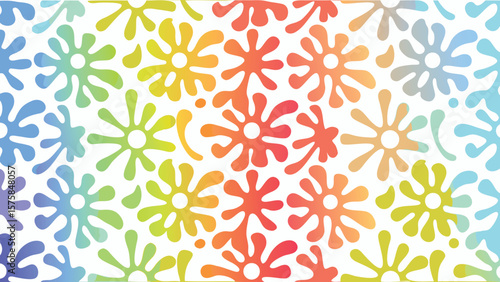 Colorful floral pattern with gradient hues on a white background, featuring abstract flower shapes design
