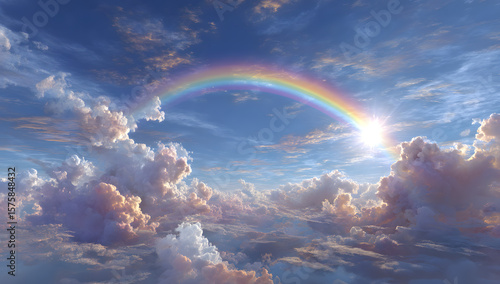 Fototapeta Naklejka Na Ścianę i Meble -  Soft beautiful rainbow sky spiritual background - blue sky with pretty clouds, a bright sun shining center top and a large rainbow arcing from left to right with copy space