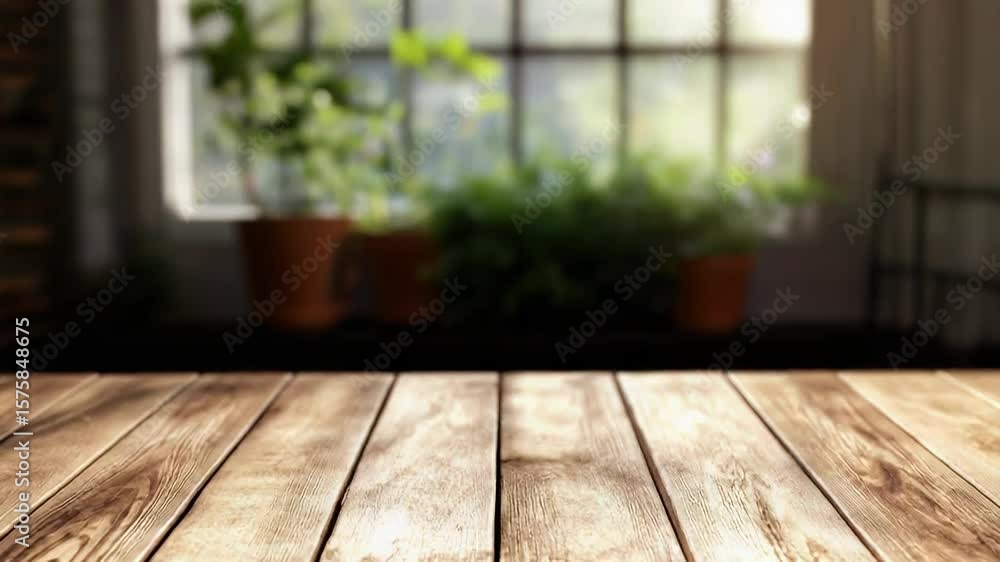 Empty wooden table top with blurred window and plants background