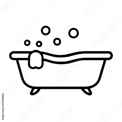 Minimalist Bathtub with Bubbles and Towel Outline Icon
