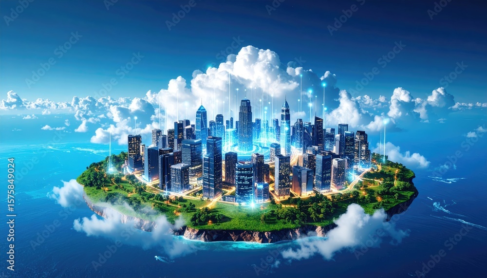 Naklejka premium Floating city, connected by technology