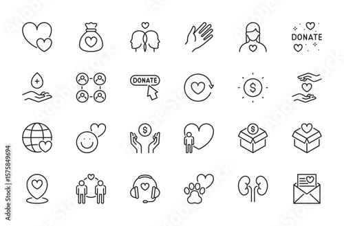Charity & donate icon set. Love, donations, empathy, helping hand, donor, click, cash aid, support, animal help, care, volunteering, box, grateful letter, etc. Vector illustration. Editable stroke.