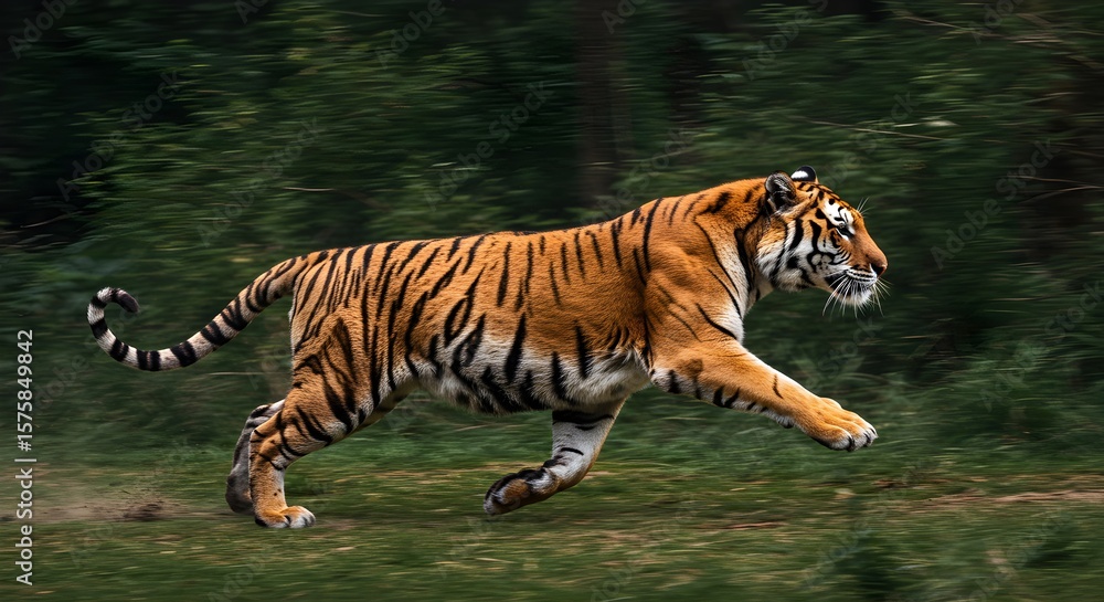 Fototapeta premium Powerful Tiger Running at High Speed Through a Green Forest