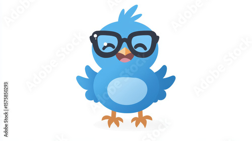 Adorable blue bird wearing glasses and smiling. This cute cartoon character is happy and friendly.