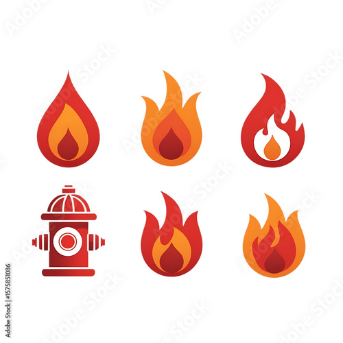 Collection of stylized fire flames and a red fire hydrant isolated on transparent background