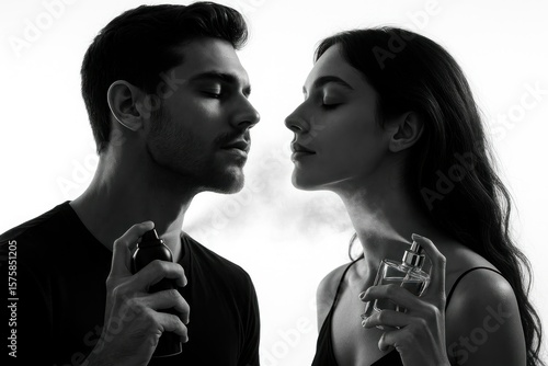 Romantic Couple Spraying Perfume, Black and White Sensuality