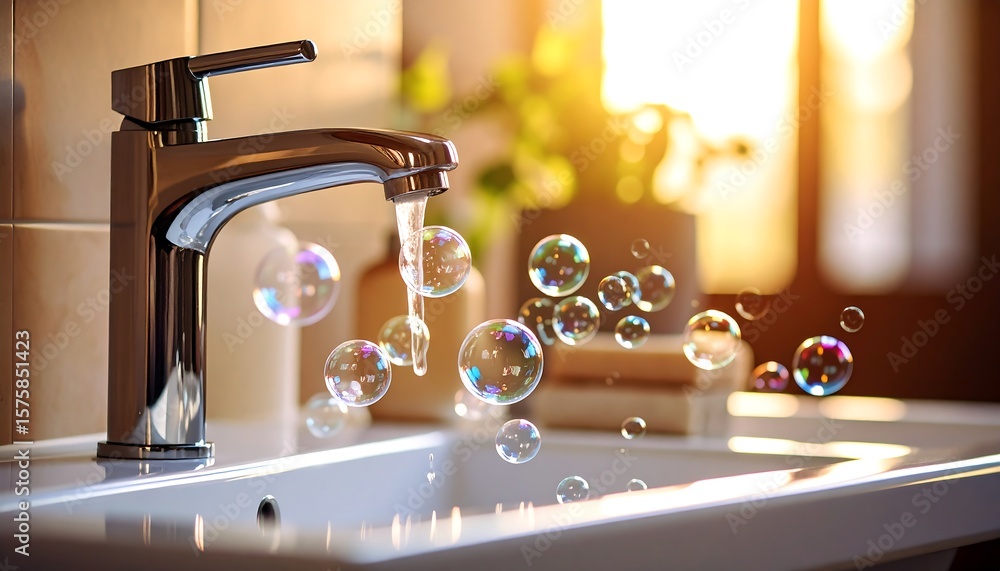 Fototapeta premium Shiny faucet, flowing water, colorful bubbles