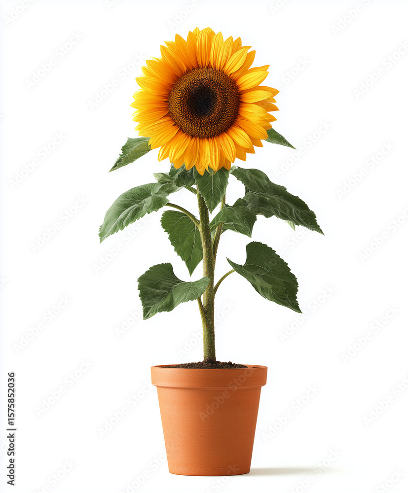 Obraz premium Single Vibrant Yellow Sunflower in Terracotta Clay Pot Isolated on White Background for Gardening and Nature Design