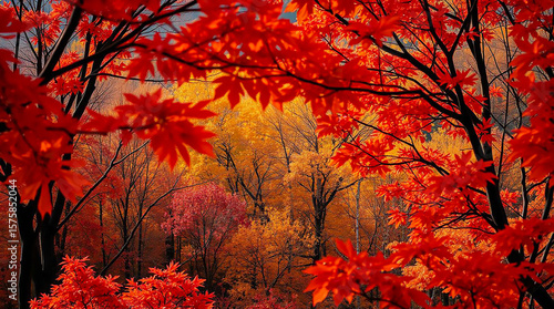 Ai generated image of framed by red maple leaves, an autumn forest landscape