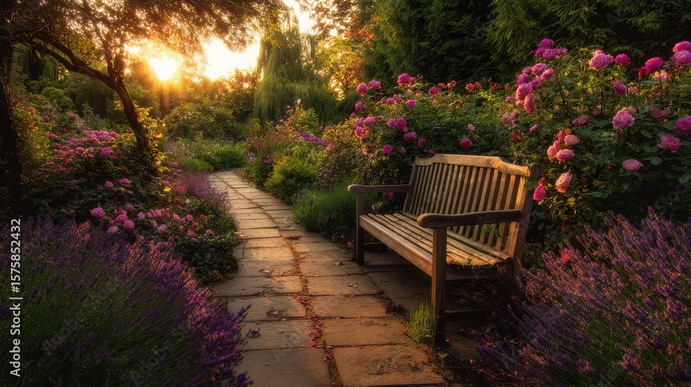 Obraz premium Tranquil Garden Pathway Surrounded by Colorful Flowers and Lavenders at Sunset, Inviting Wooden Bench for Relaxation Amidst Nature's Beauty