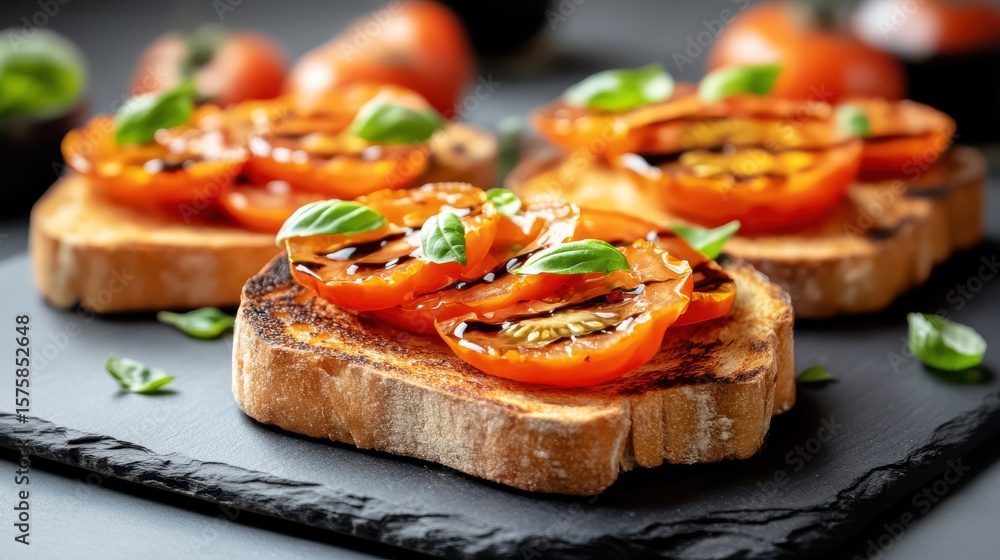 Delicious Plate of Fresh Bread Topped with Juicy Tomatoes and Herbs Delicious Plate of Fresh Bread Topped with Juicy Tomatoes and Herbs