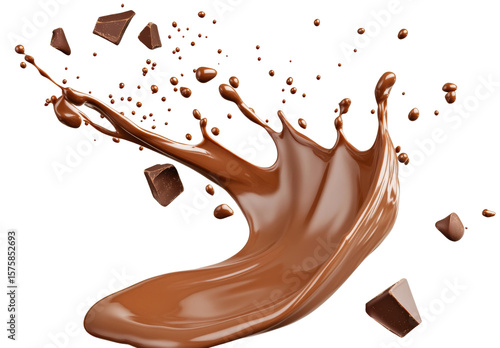 Chocolate sauce is splashing with chunks and small drops of chocolate isolated on transparent background.
