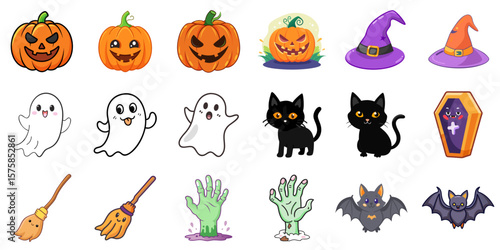 Set of Halloween vector icons including pumpkins, ghosts, witch hats, bats, coffins, and zombie hands. Playful and spooky set perfect for party invitations, decorations, or seasonal content.
