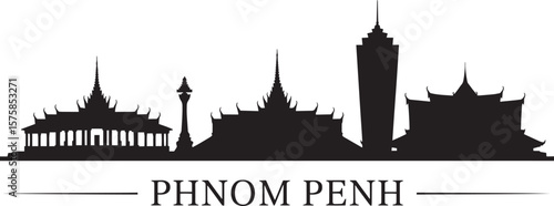 Phnom Penh cityscape silhouette with traditional architecture and modern tower vector