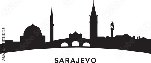 Sarajevo cityscape silhouette with dome minaret bridge tower and flame skyline black