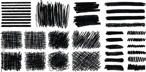 Textured stripes, scribbles, lines collection. Chalk, charcoal, black crayon, pastel hand drawn artistic graphic elements, grungy shapes set. Brush rough strokes, streaks, rectangle text backgrounds.