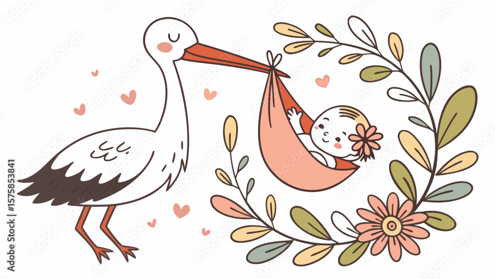 Obraz premium A sweet illustration of a stork delivering a baby in a cozy sling, surrounded by floral elements and hearts.
