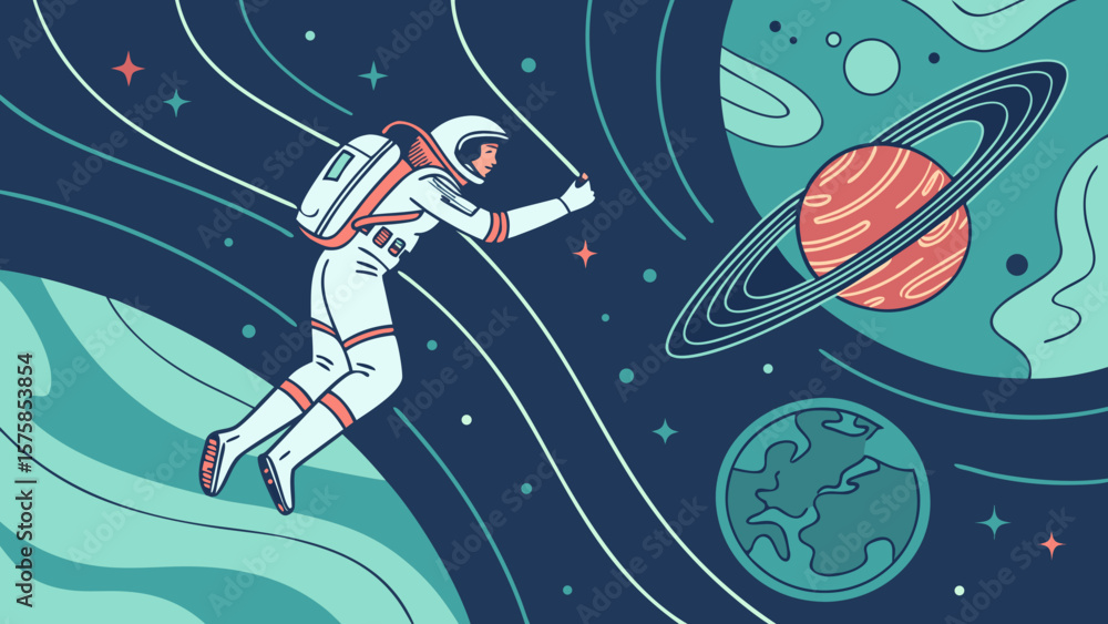 Fototapeta premium A male astronaut floats in space, exploring colorful planets and cosmic waves. A vibrant adventure in the universe.