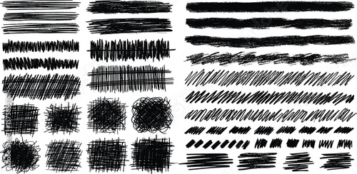 Textured stripes, scribbles, lines collection. Chalk, charcoal, black crayon, pastel hand drawn artistic graphic elements, grungy shapes set. Brush rough strokes, streaks, rectangle text backgrounds.