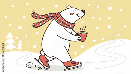 A cheerful polar bear skating on ice, wearing a cozy red scarf and holding a warm drink, surrounded by soft snowflakes.